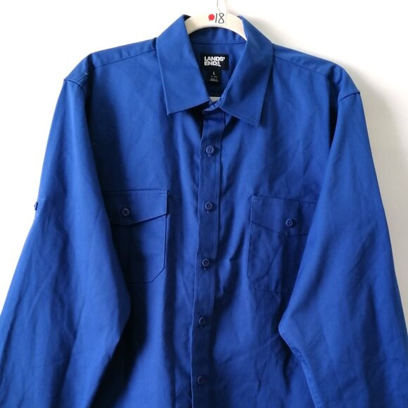 Lands Ends Mens Blue Roll Tab Sleeve Collared Dual Pocket Button Up Shirt Size L - Picture 2 of 8